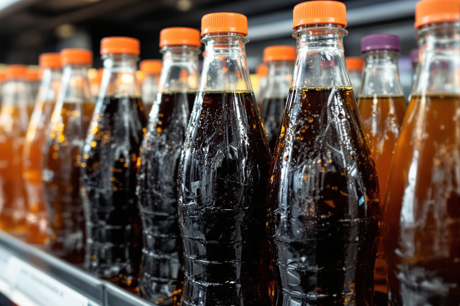 A row of unlabeled clear plastic PET soda bottles filled with dark and amber carbonated drinks on a refrigerated store shelf