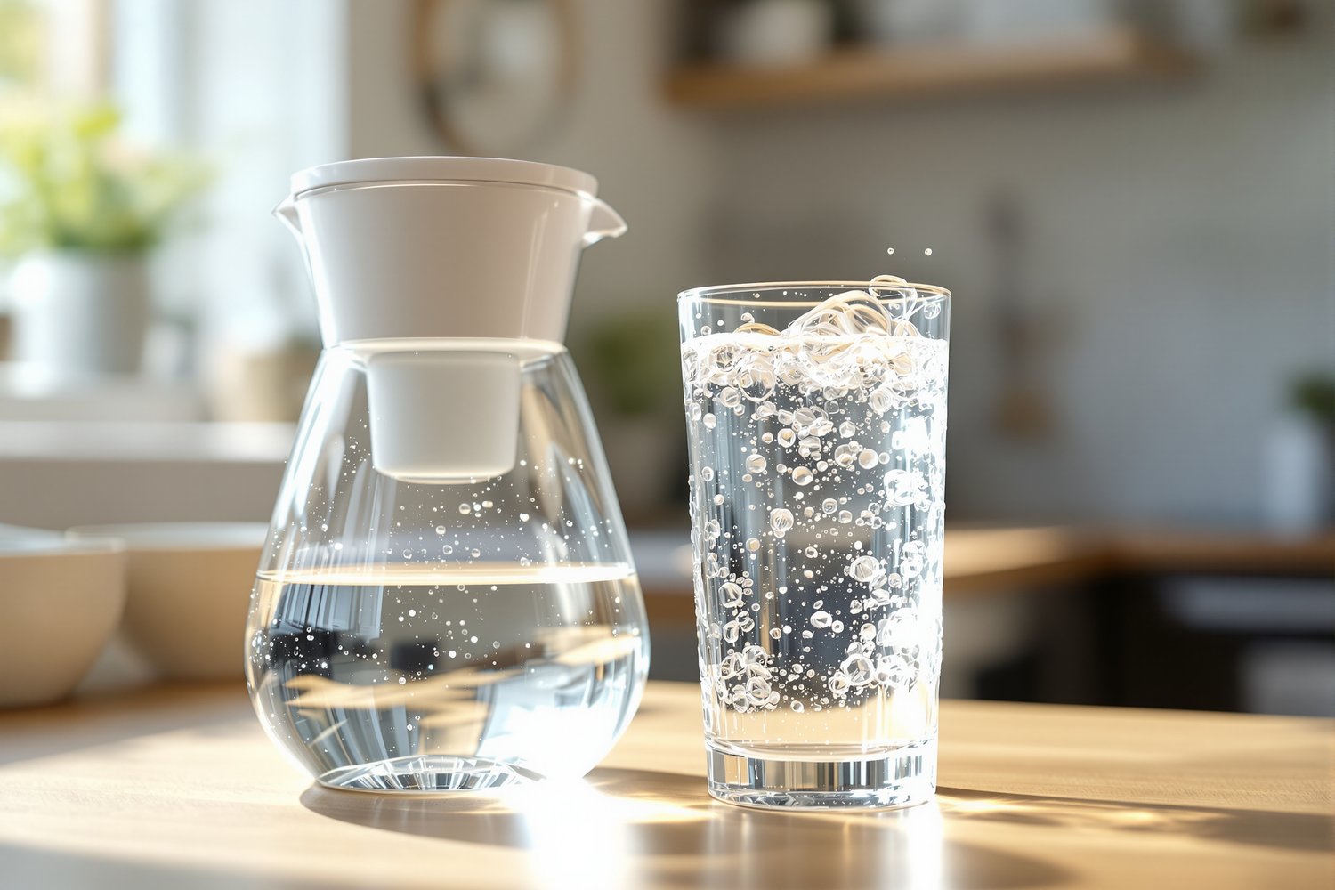 A glass water filter pitcher and a glass of sparkling water on a sunlit kitchen counter, a clear alternative to bottled soda
