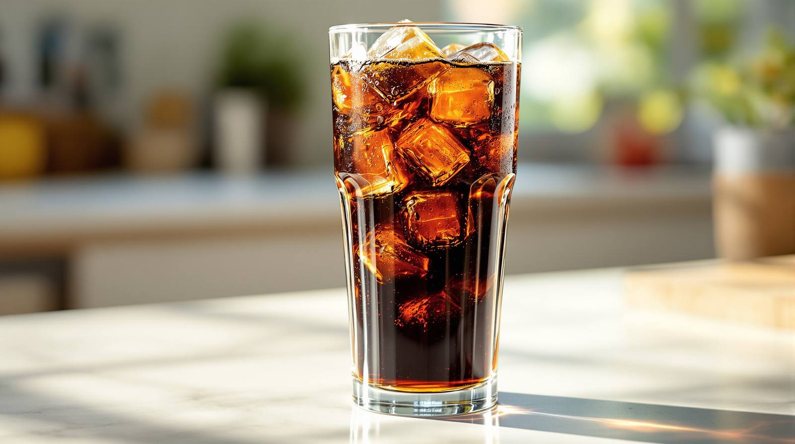 A tall glass of dark cola soda with ice cubes and condensation on a sunlit kitchen counter