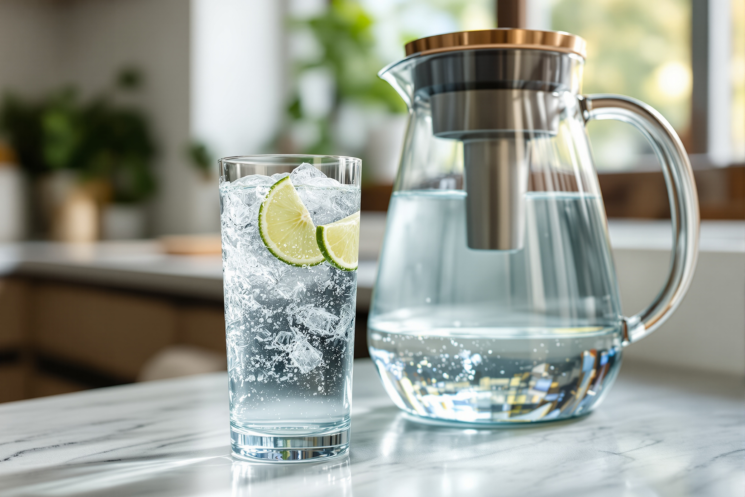 A glass of sparkling water with lime beside a glass water filter pitcher on a bright kitchen counter