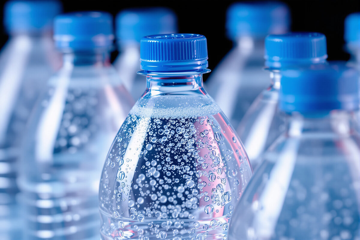 Close-up of clear unlabelled plastic PET bottles of carbonated water with tiny gas bubbles clinging to the inside of the bottle walls