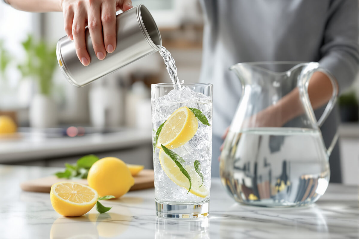 A person pouring fizzy filtered water from a plain can into a tall glass with ice and a lemon wedge beside a clear glass carafe on a bright kitchen counter