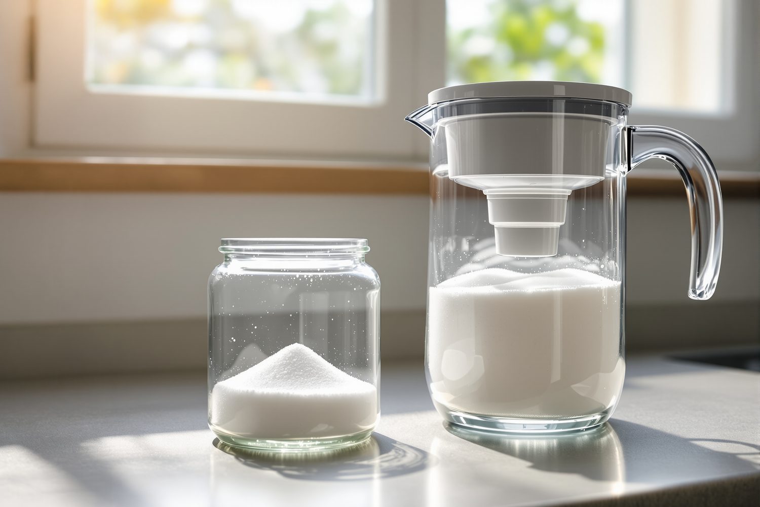 A glass jar of white sugar beside a glass water filter pitcher on a sunlit kitchen counter