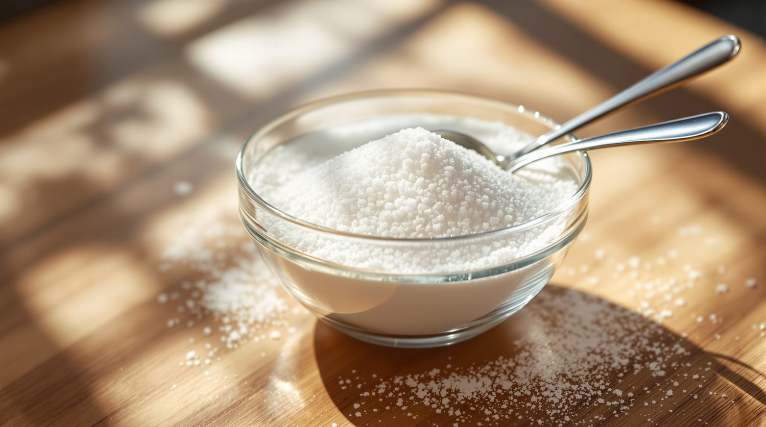A glass bowl of white granulated sugar with a spoon on a sunlit kitchen counter