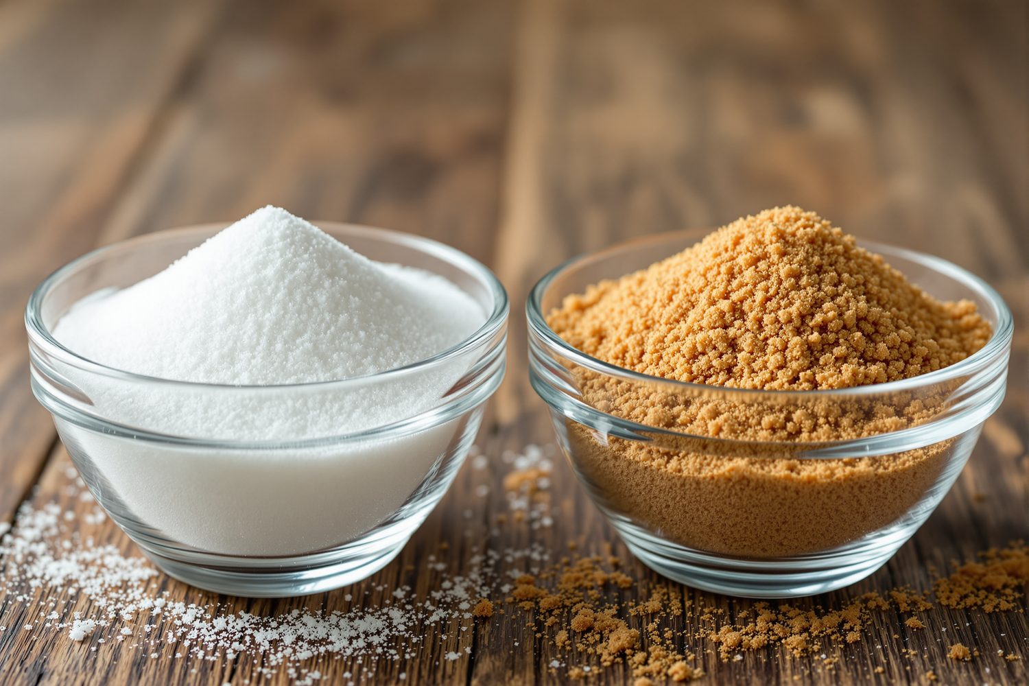 A glass bowl of white granulated sugar beside a glass bowl of brown sugar on a rustic wooden kitchen counter