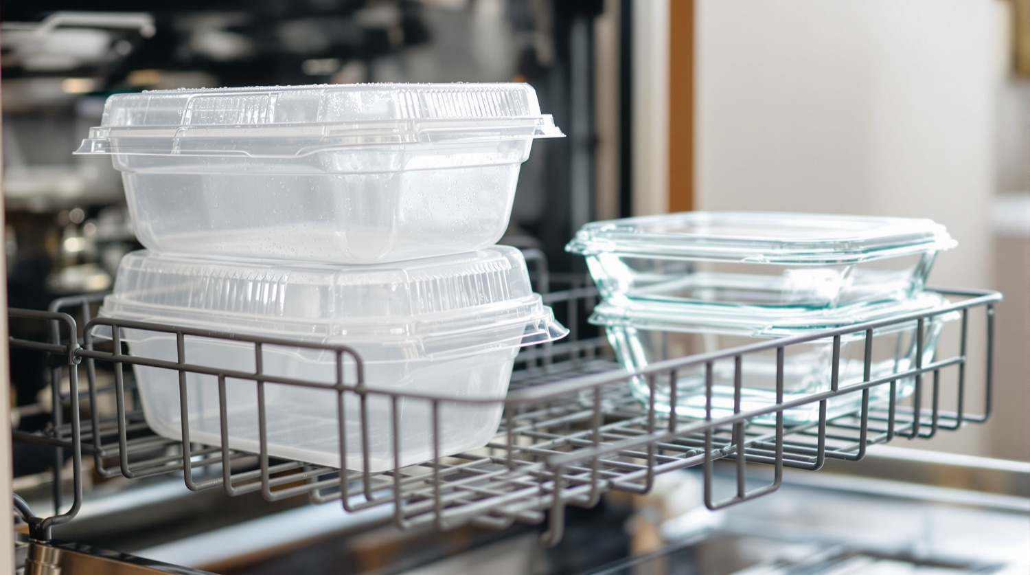 The open lower rack of a stainless steel dishwasher holding two clear polypropylene takeout containers with their lids, beside a stacked clear glass storage dish, water droplets still beading on the plastic