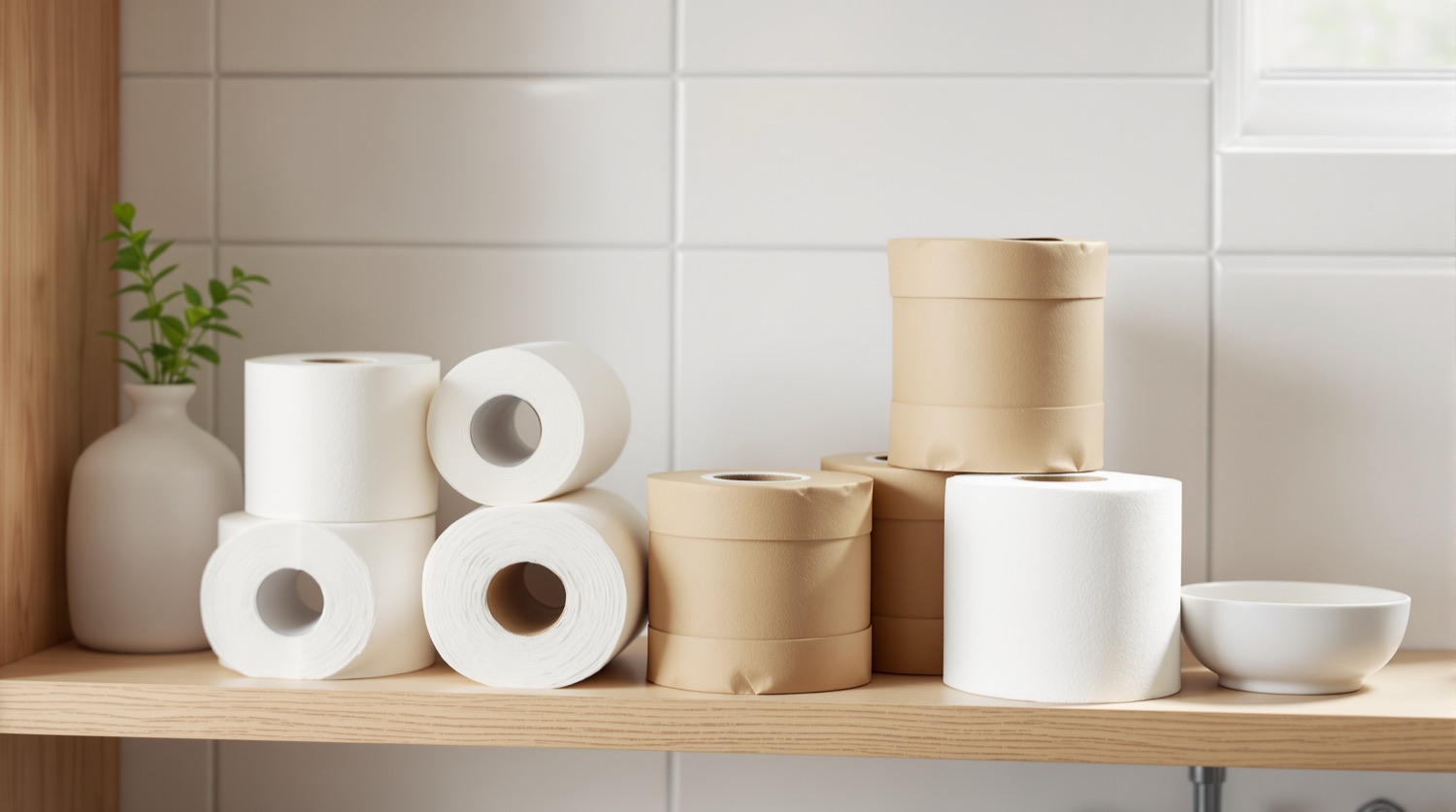 A stack of white and kraft-paper-wrapped bamboo toilet paper rolls on a pale oak bathroom shelf beside a small white ceramic dish, lit by soft window light