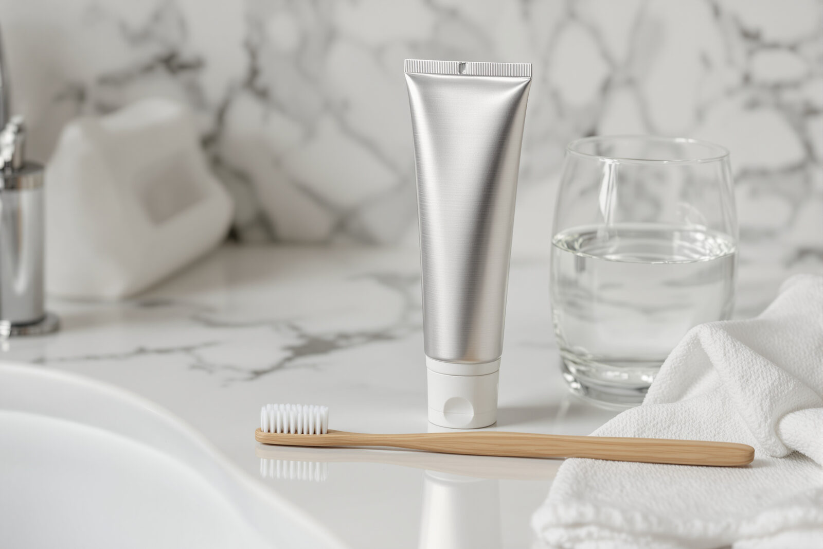 A brushed-metal toothpaste tube and a bamboo toothbrush on a marble bathroom counter beside a glass of water