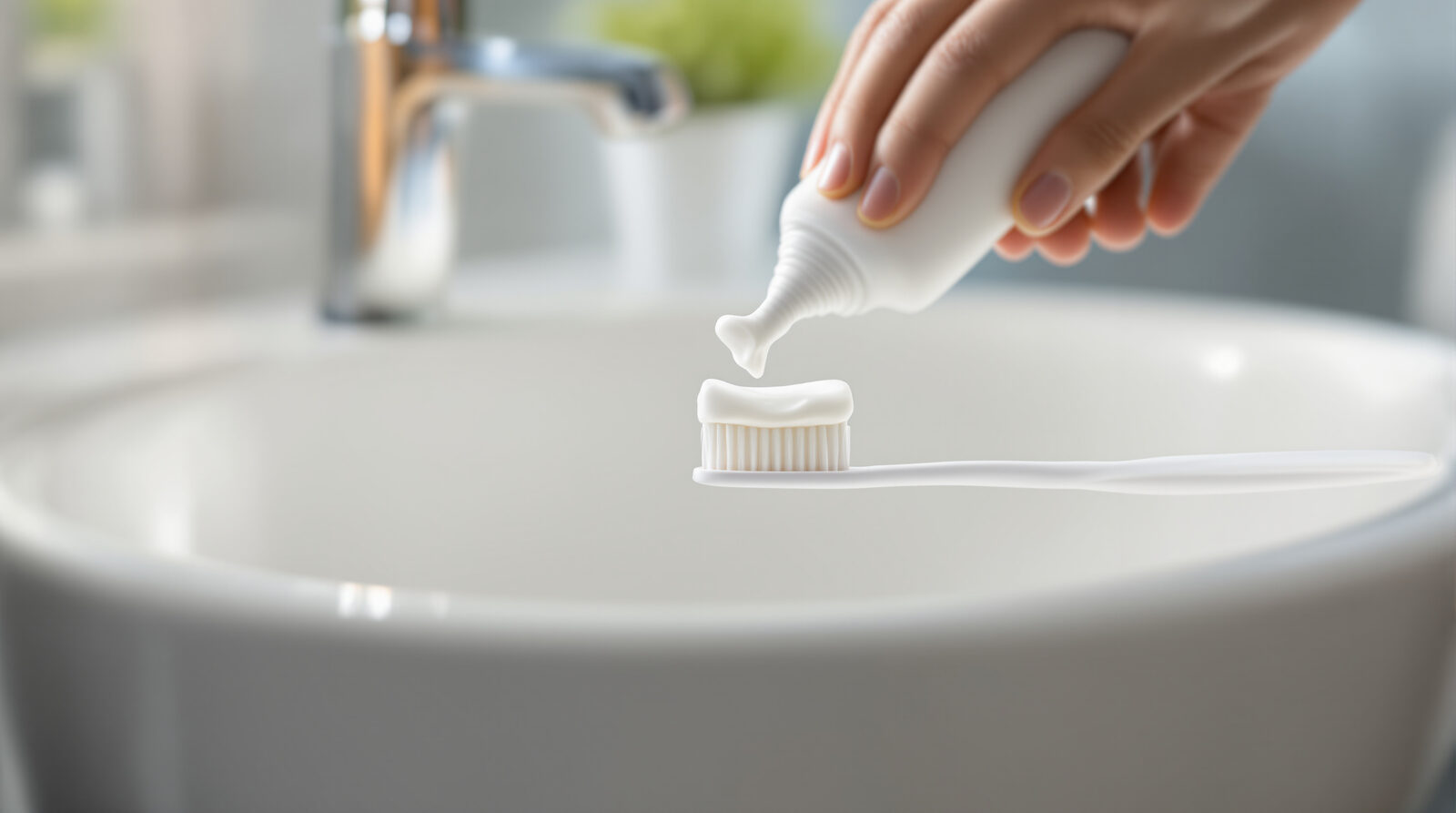 A hand squeezing a ribbon of white toothpaste onto a toothbrush over a clean white bathroom sink