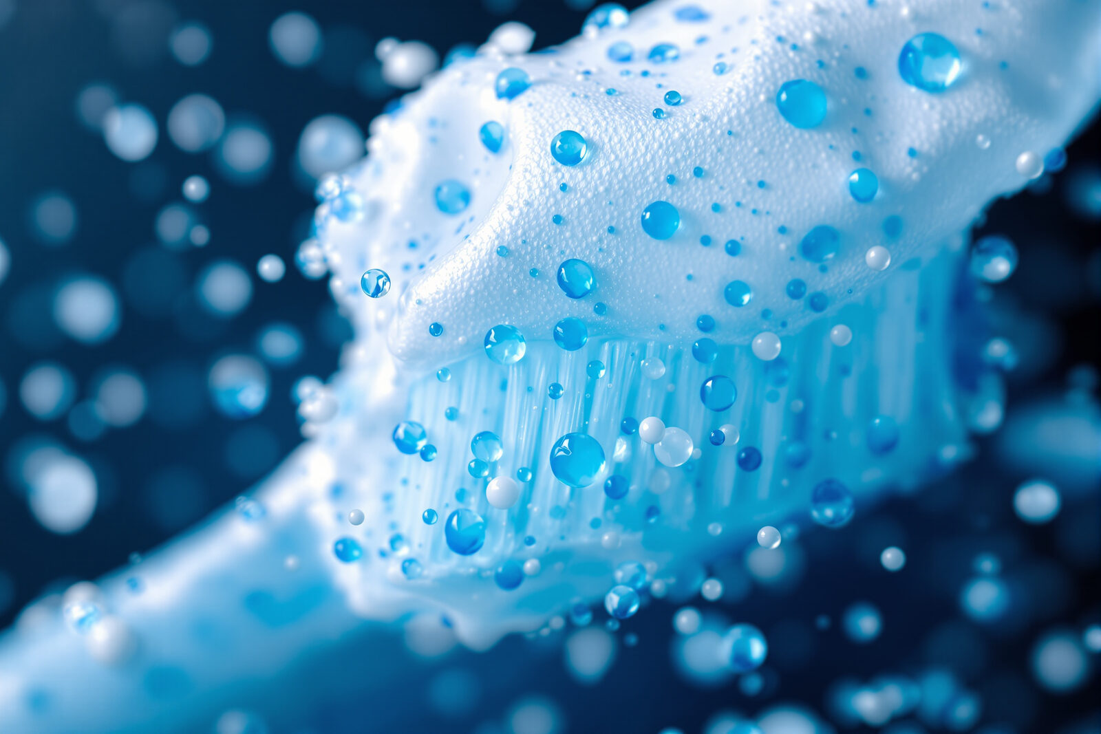 Macro close-up of white toothpaste with blue and white gel speckles clinging to toothbrush bristles