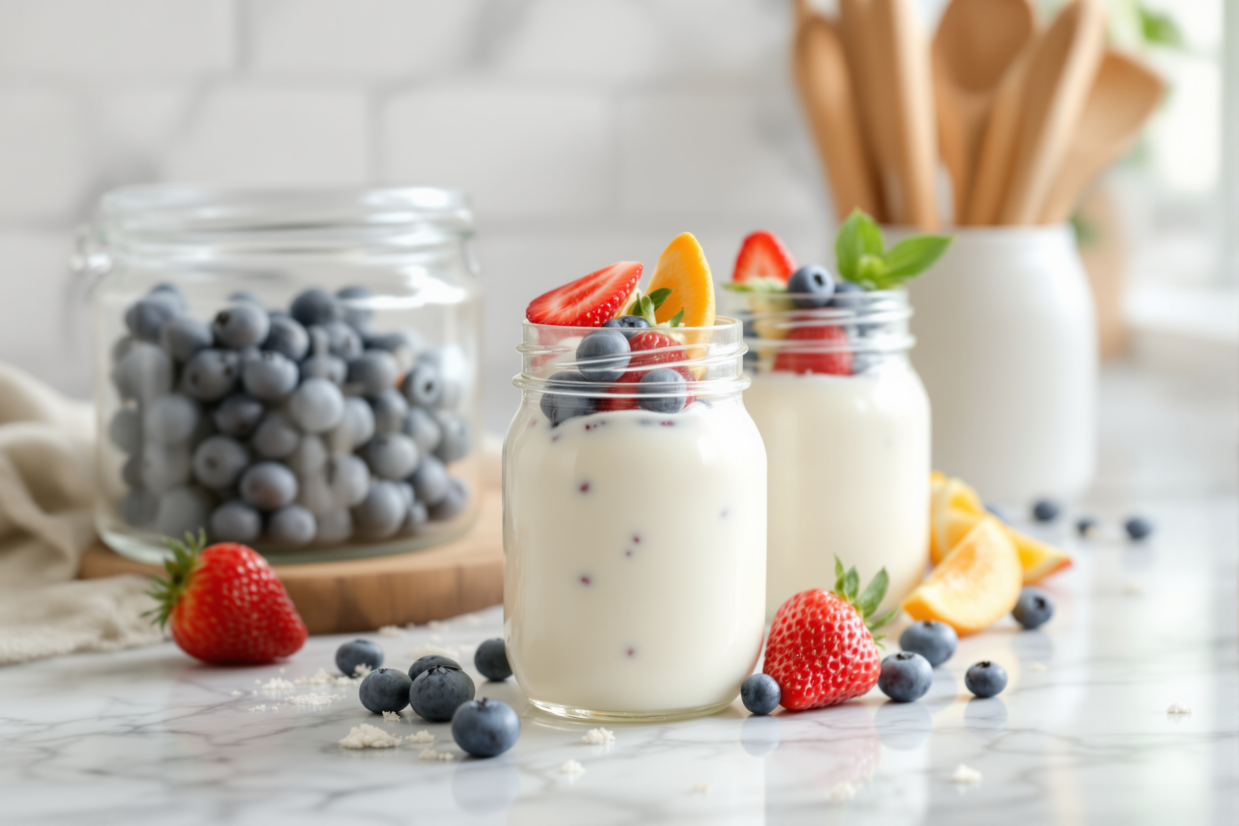 Homemade yogurt in clear glass mason jars topped with fresh berries beside a glass storage jar on a clean marble kitchen counter
