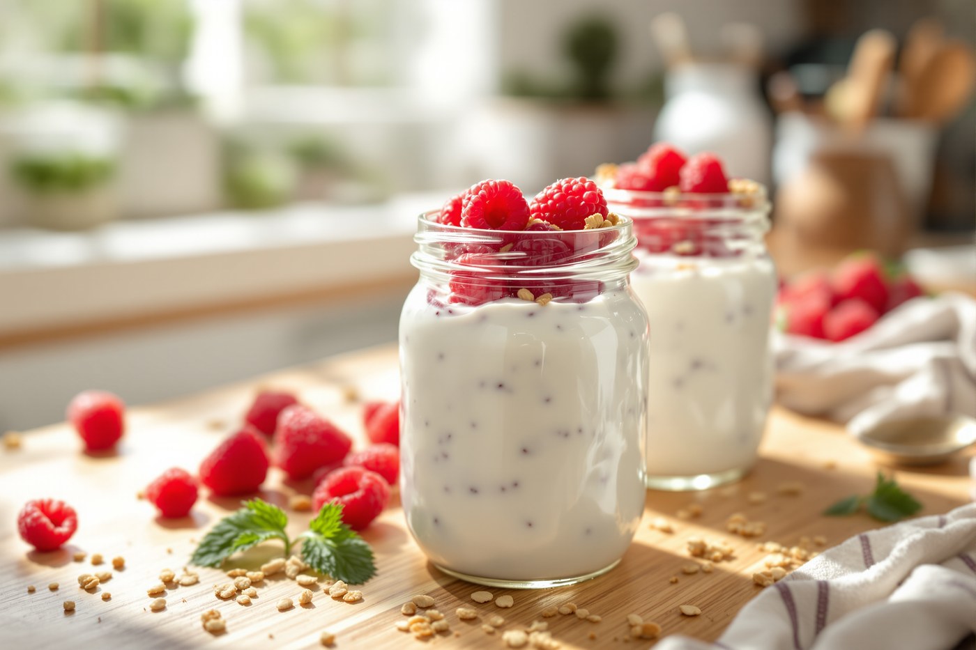 Homemade plain yogurt in clear glass mason jars topped with fresh raspberries and granola on a sunlit kitchen counter