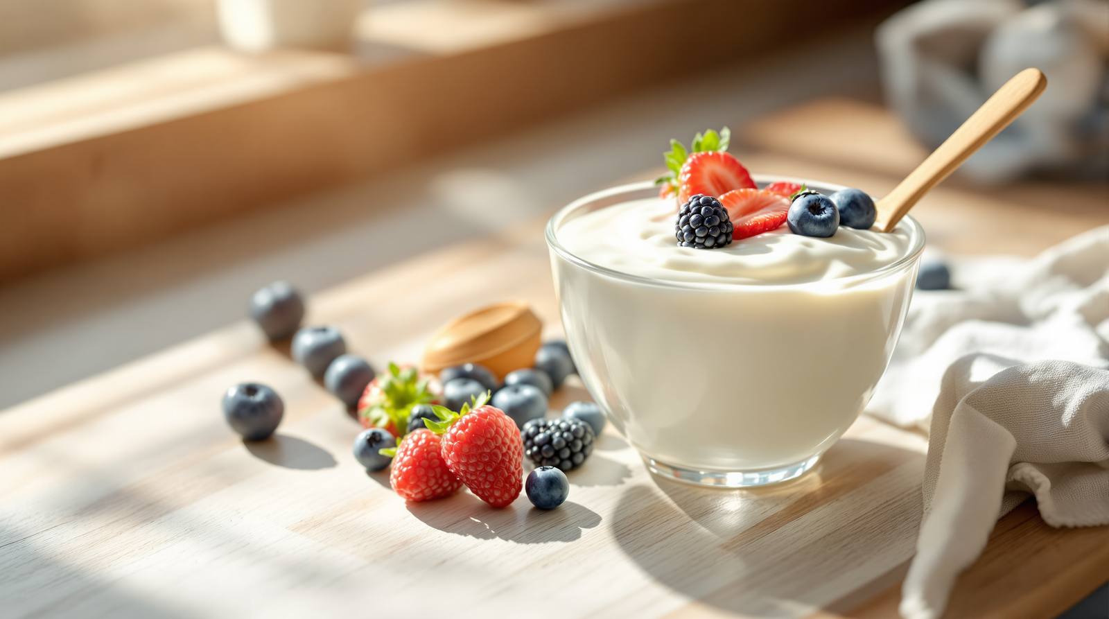 A glass bowl of creamy plain yogurt topped with fresh strawberries, blueberries, and blackberries with a wooden spoon on a sunlit kitchen counter