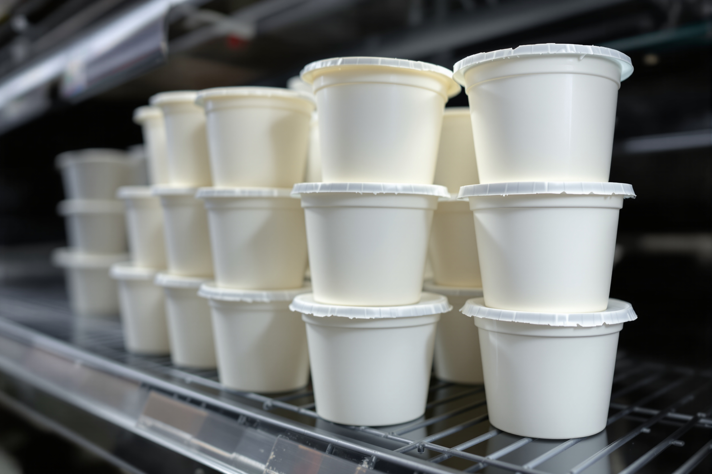A stack of plain white plastic yogurt tubs with foil lids on a refrigerated supermarket shelf