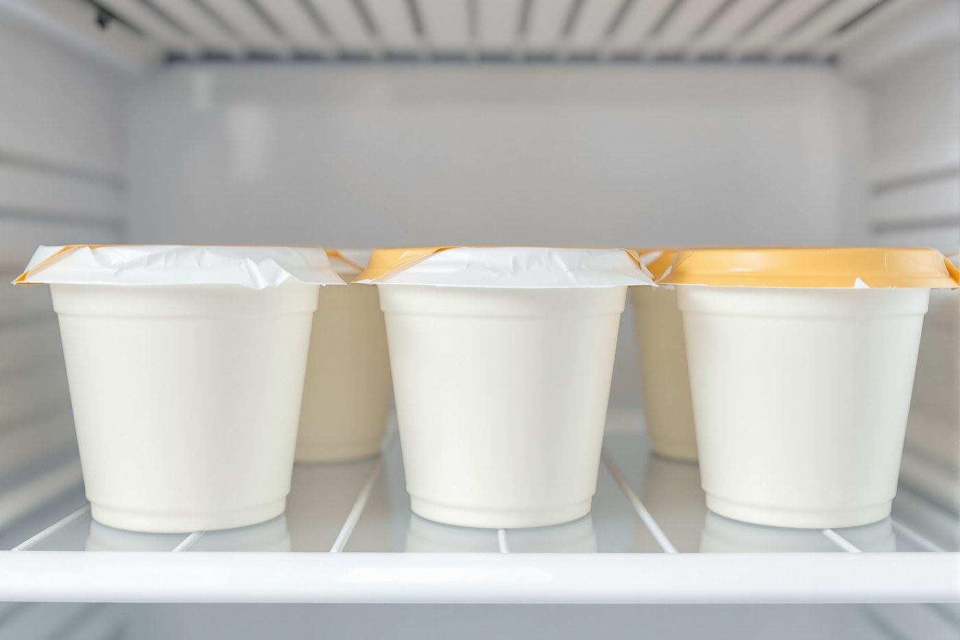 Several single-serve plastic yogurt cups with peel-back foil lids lined up on a refrigerator shelf