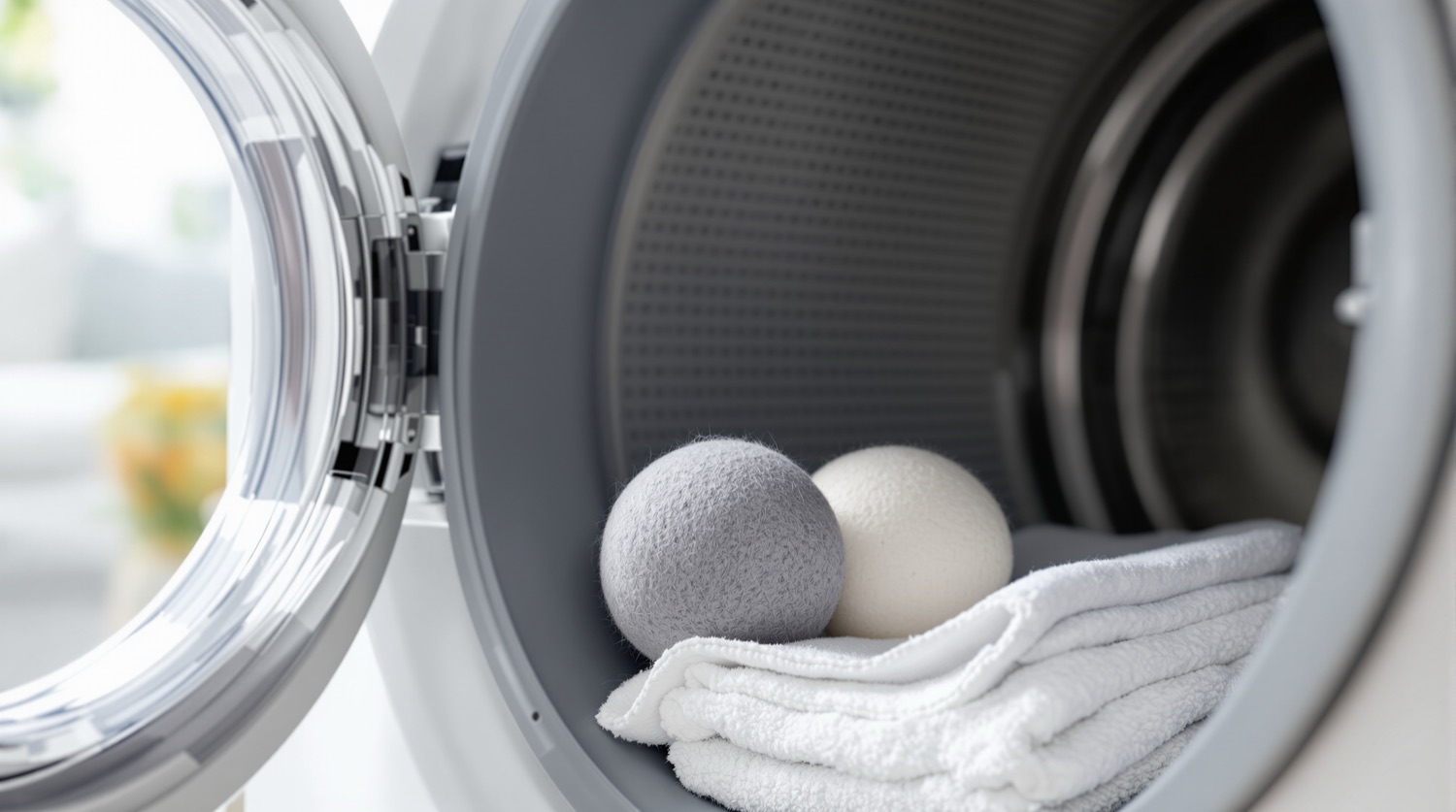 Grey and white felted wool dryer balls resting on folded white towels inside the open drum of a front-loading clothes dryer in a bright laundry room