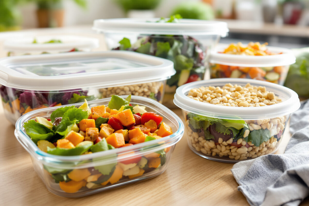 Clear glass meal-prep food storage containers with silicone lids holding fresh salad, grains and roasted vegetables on a light wood kitchen counter