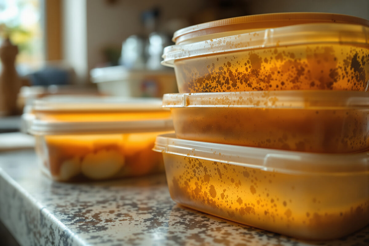 A stack of old scratched and cloudy plastic food storage containers with orange-stained interiors on a kitchen counter, showing wear from repeated use