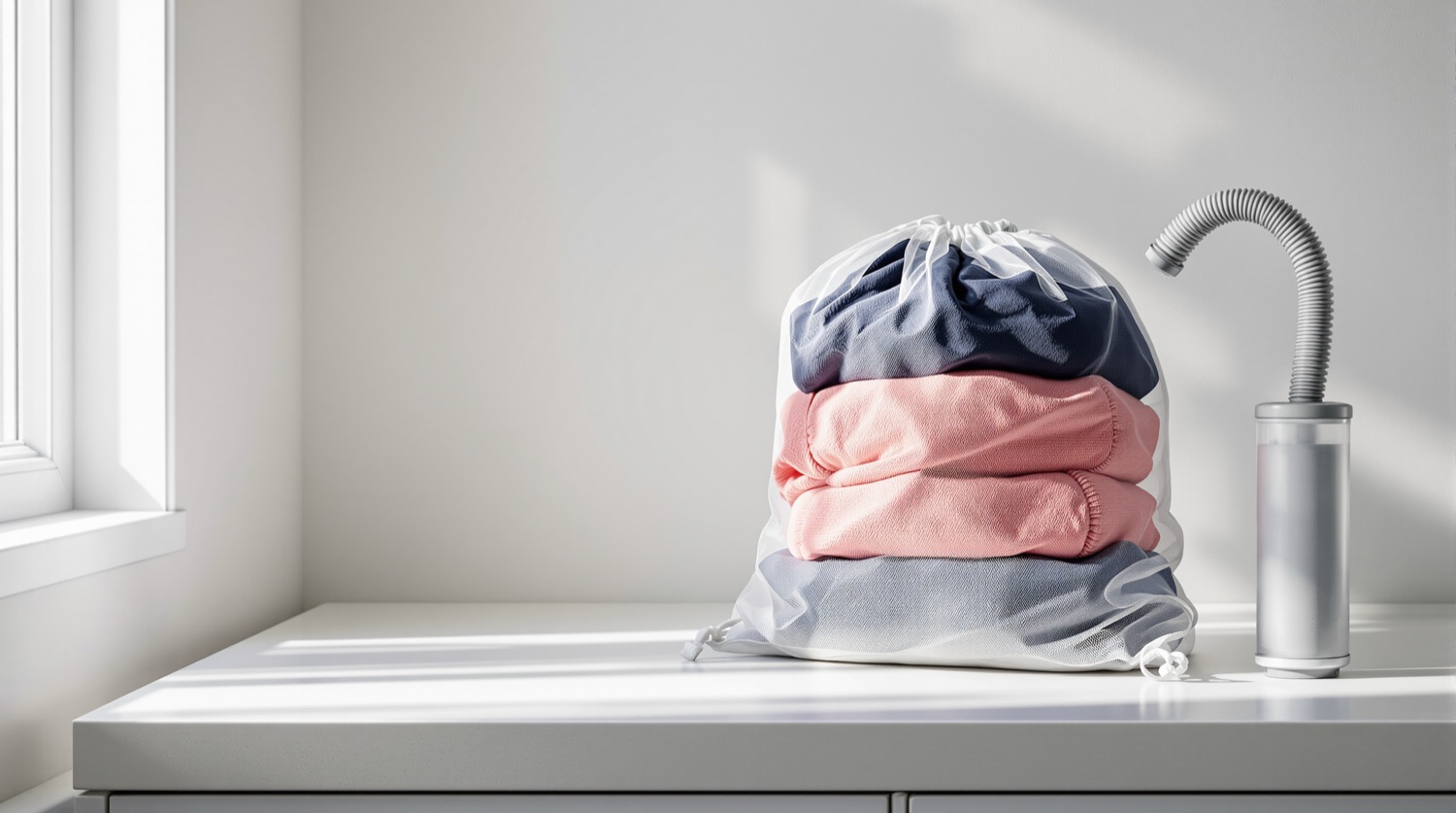 A white fine-mesh drawstring laundry bag packed with folded navy and coral synthetic activewear on a pale laundry-room counter, beside a clear cylindrical in-line washing machine filter canister with a gray corrugated hose