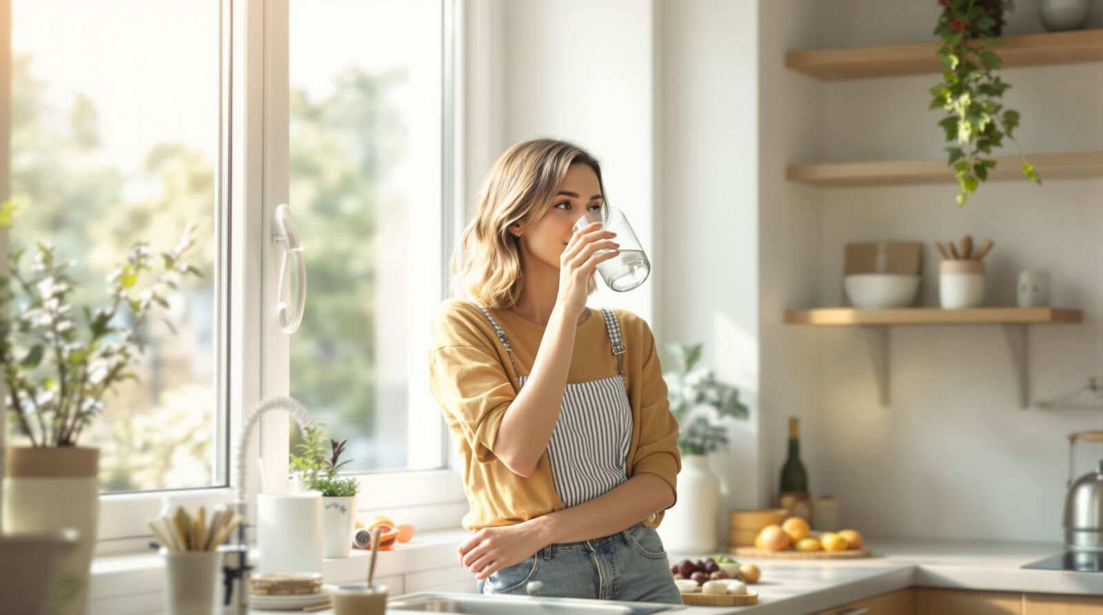 A woman drinking a glass of water beside a sunlit kitchen window in a bright, airy home