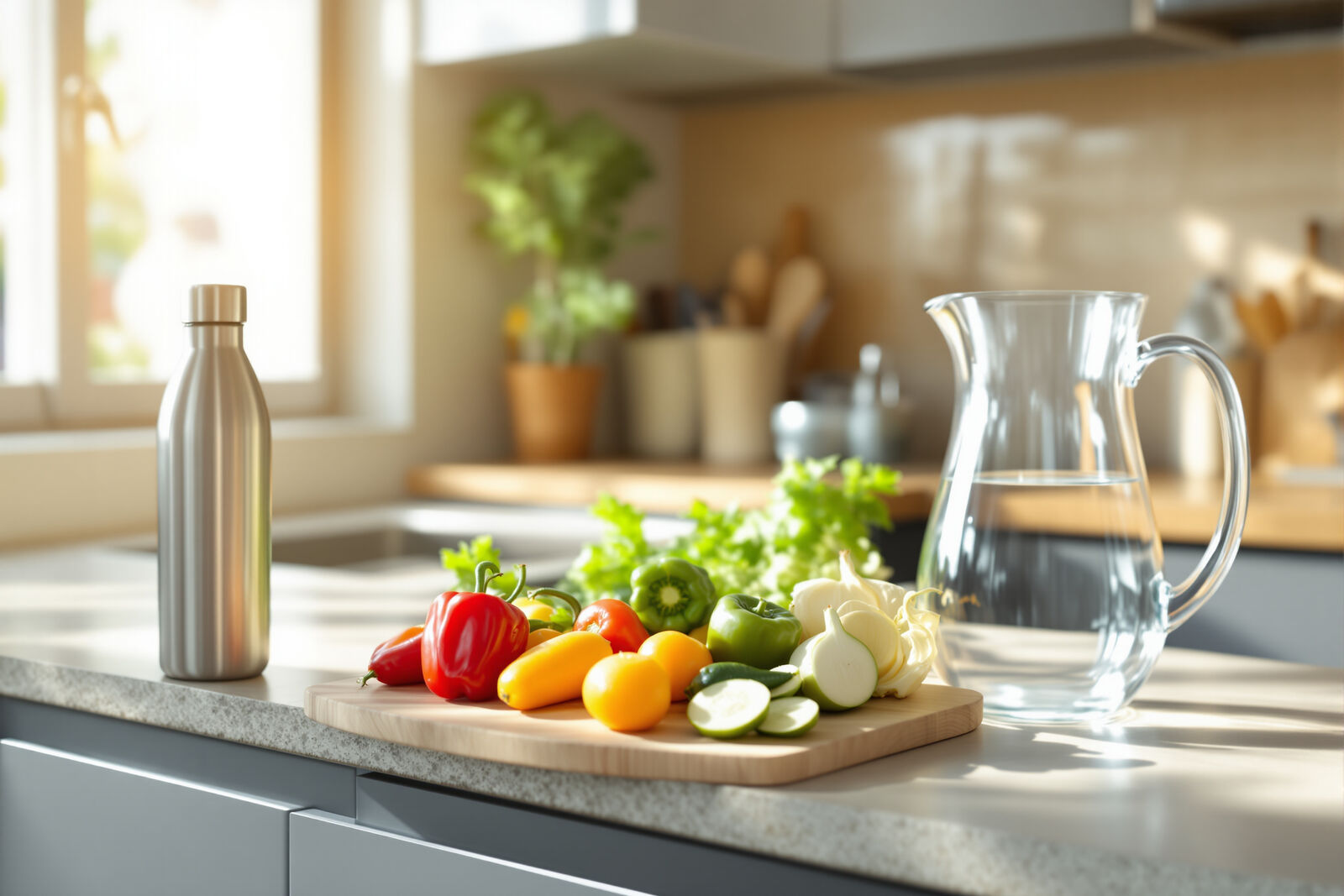 Fresh colorful vegetables on a wooden cutting board beside a stainless steel bottle and a glass water pitcher on a sunlit kitchen counter