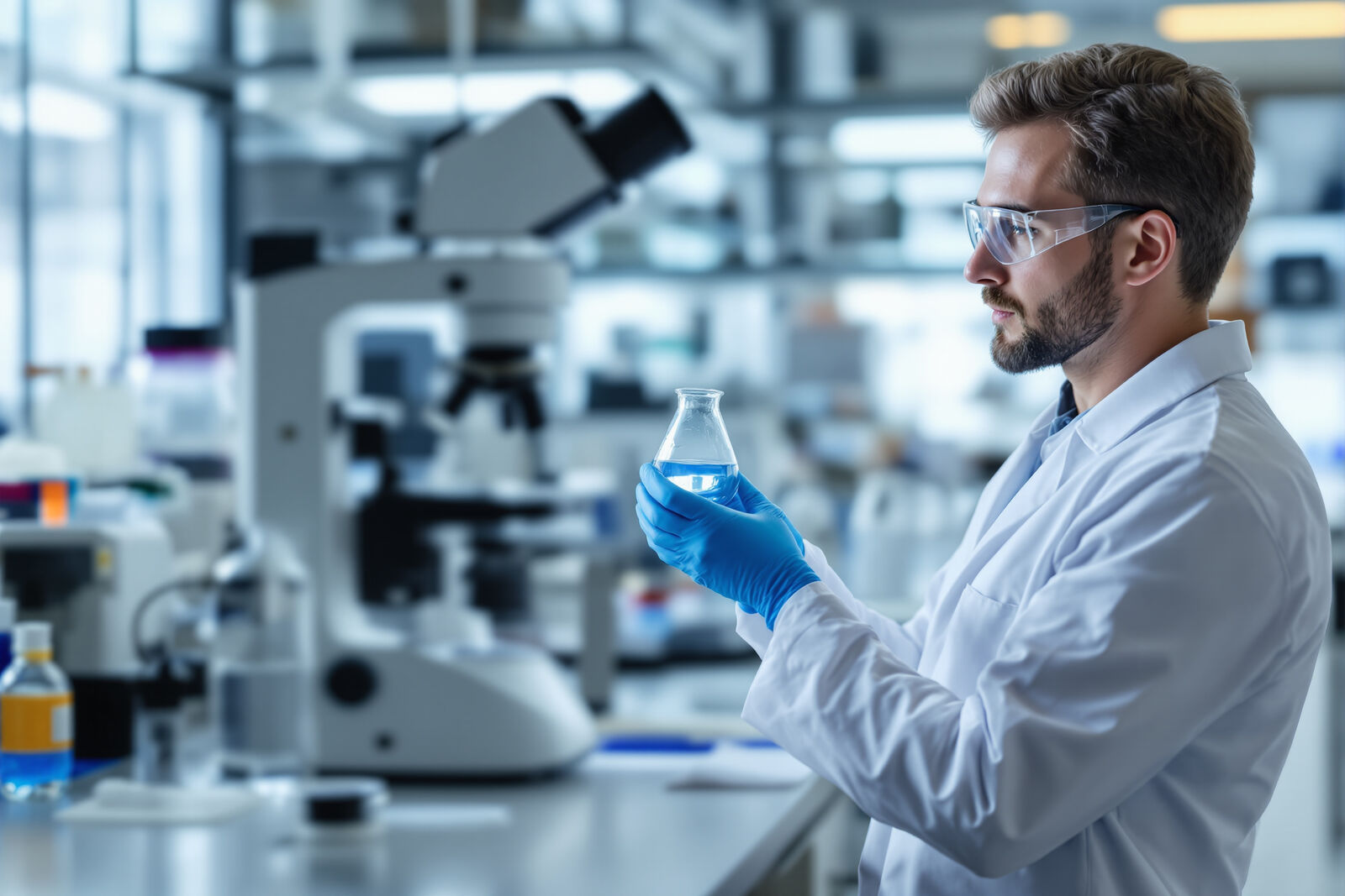 A scientist in a white lab coat and gloves examining a glass flask of liquid beside a microscope in a research laboratory