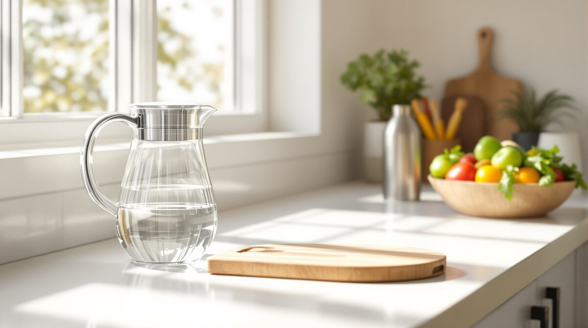 A clear glass water pitcher, a stainless steel bottle, a wooden cutting board and a bowl of fresh vegetables on a sunlit kitchen counter