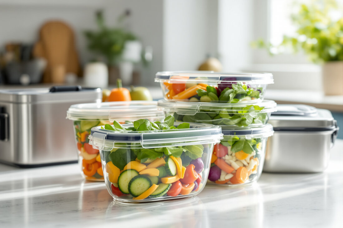 Fresh salad and vegetables stored in clear glass food containers with lids beside stainless steel lunch boxes on a bright kitchen counter