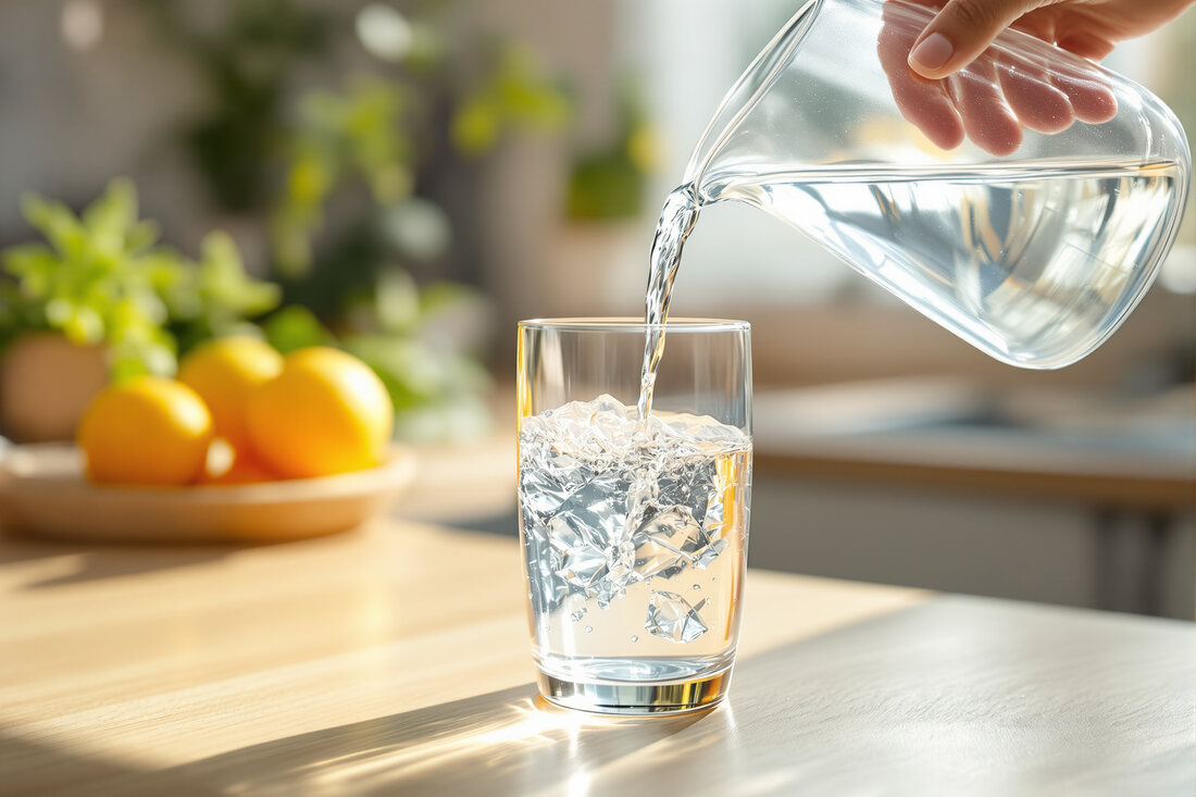 Clear filtered water being poured from a glass carafe into a drinking glass on a sunlit kitchen counter with fresh fruit nearby