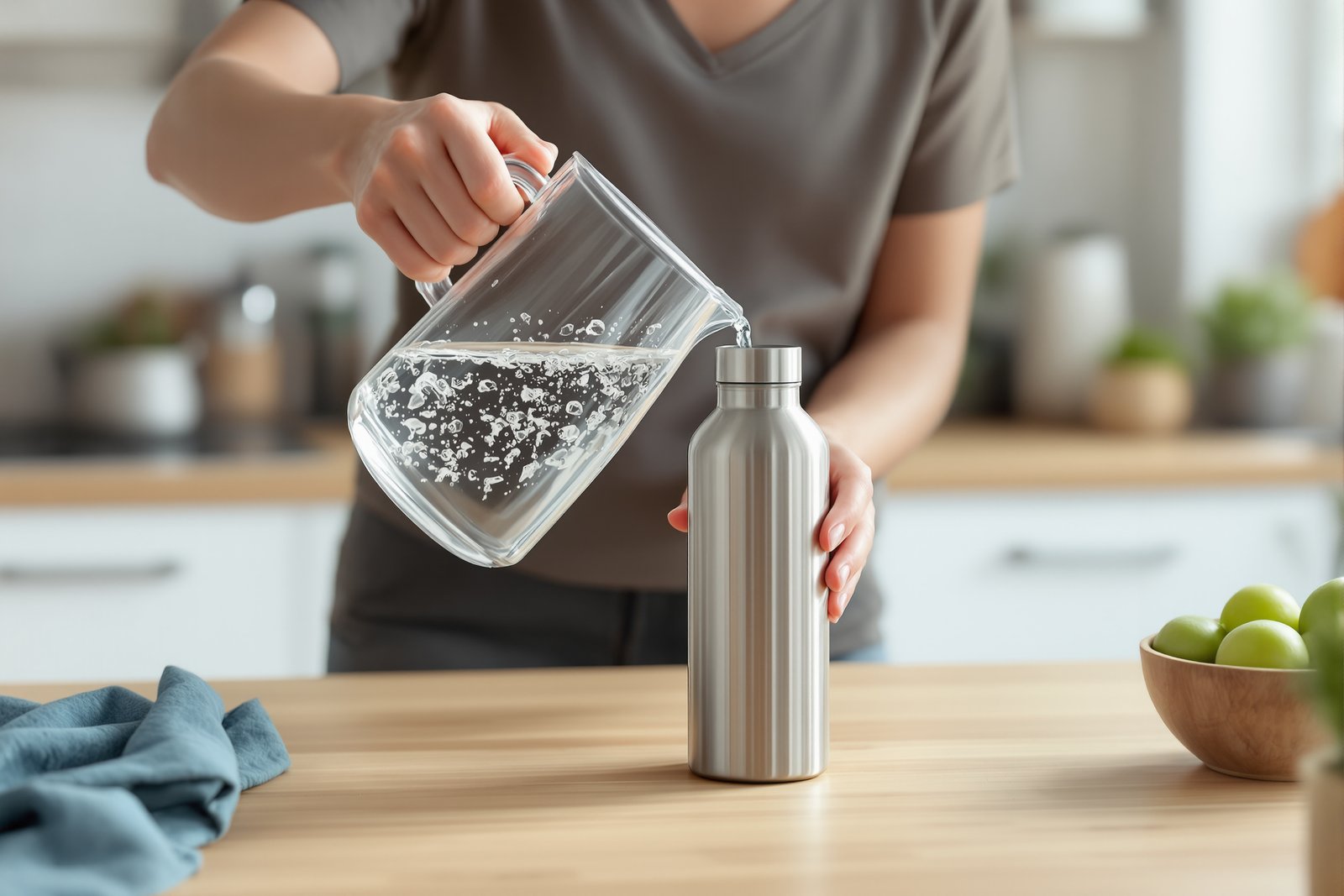 A person pouring filtered water from a glass pitcher into a stainless steel reusable bottle on a wooden kitchen counter