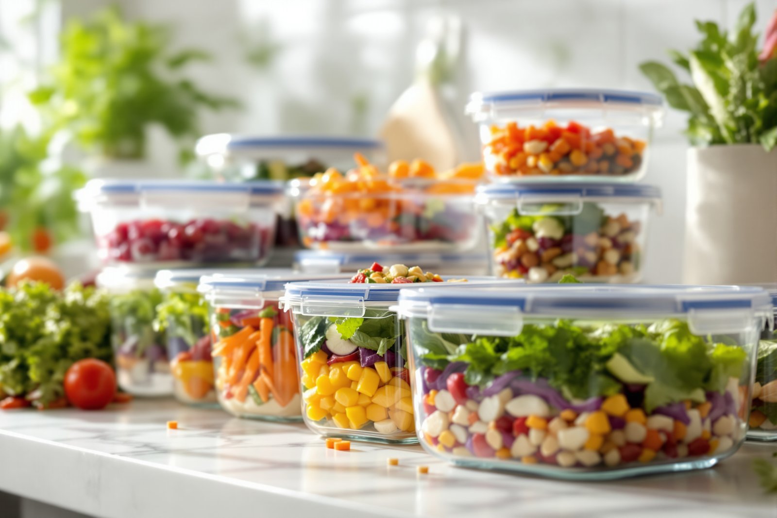 Fresh colorful vegetables and prepared meals stored in clear glass food storage containers with lids on a bright kitchen counter