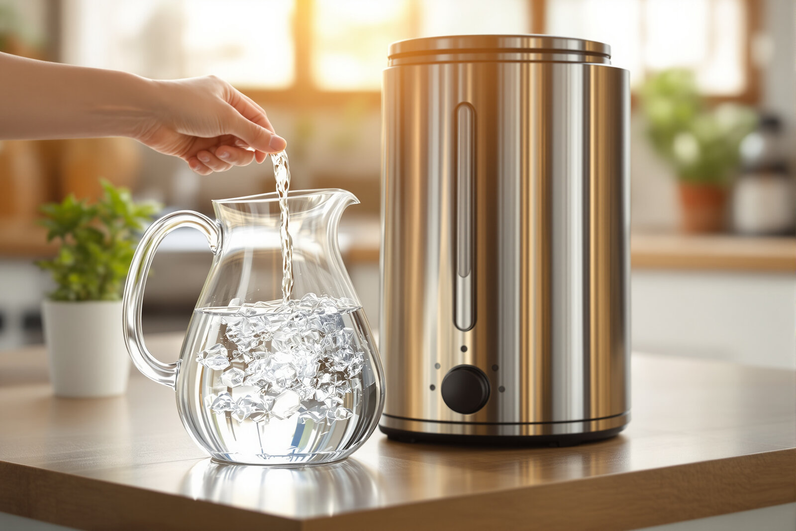Clear distilled water collecting in a glass carafe beside a stainless-steel countertop water distiller — distillation removes both forms of arsenic completely