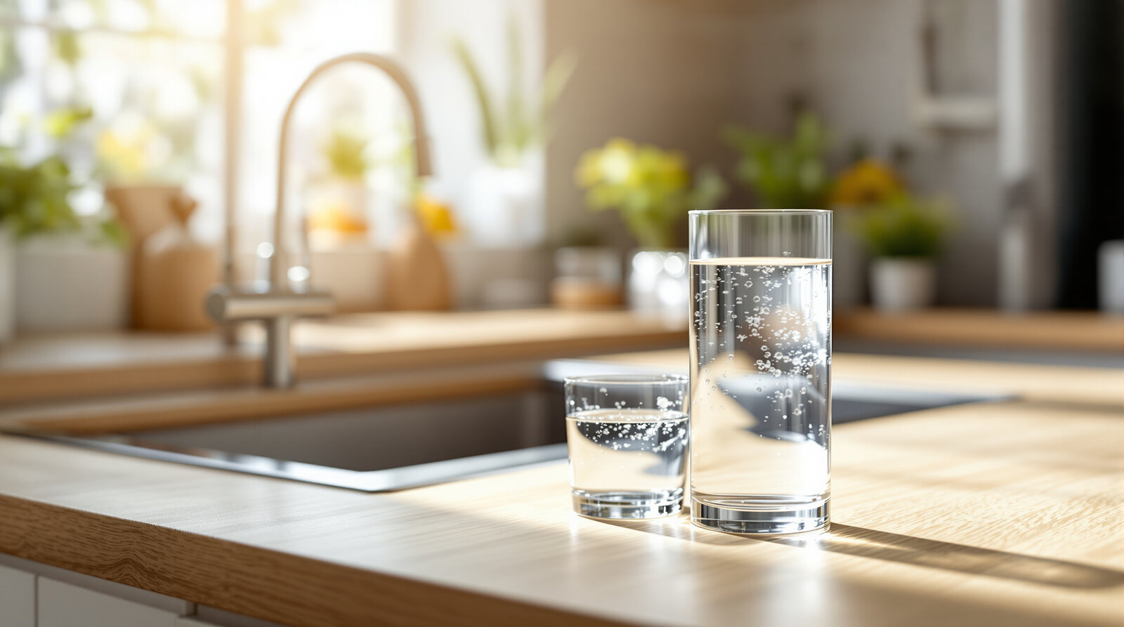 How to remove arsenic from water — a tall glass of clear filtered water on a sunlit kitchen counter beside a stainless faucet