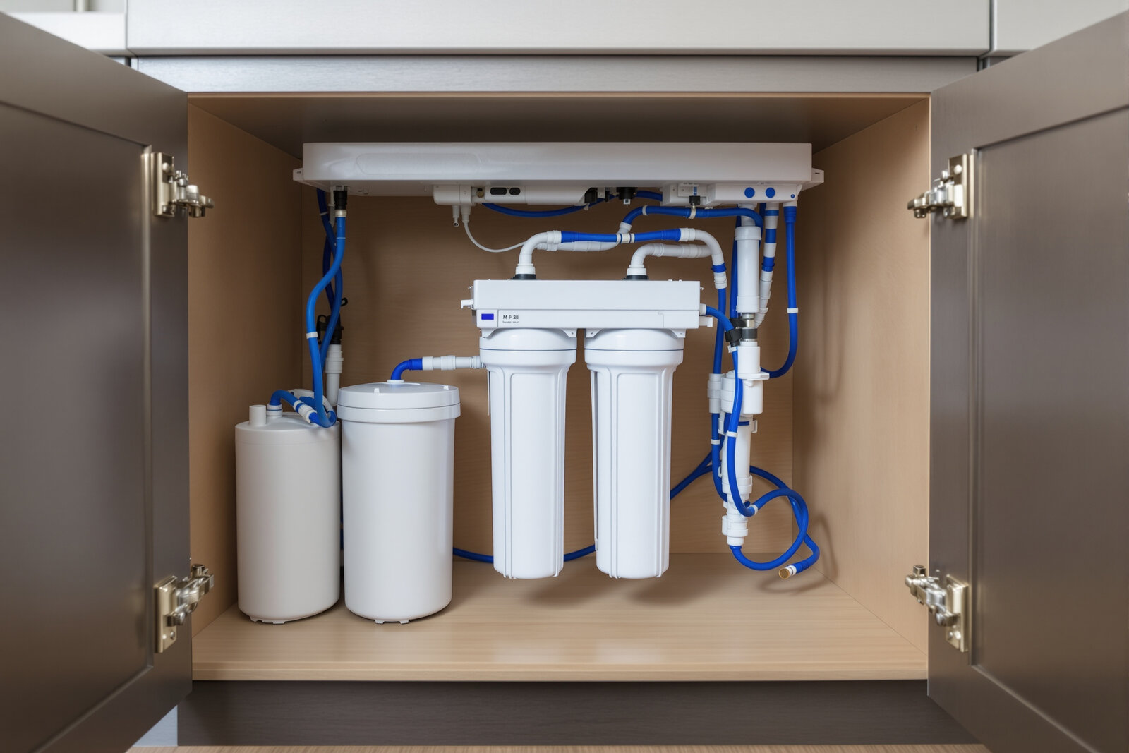 A modern under-sink reverse-osmosis water filtration system with white canister filters and blue tubing inside a kitchen cabinet — reverse osmosis is one of the EPA's best technologies for removing arsenic