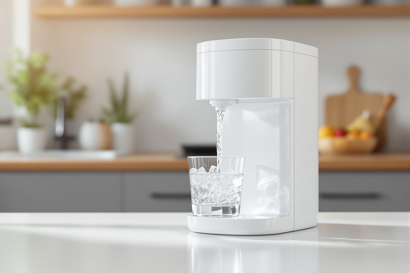 Filtered water pouring from a plain white countertop water filter into a clear glass on a bright kitchen counter