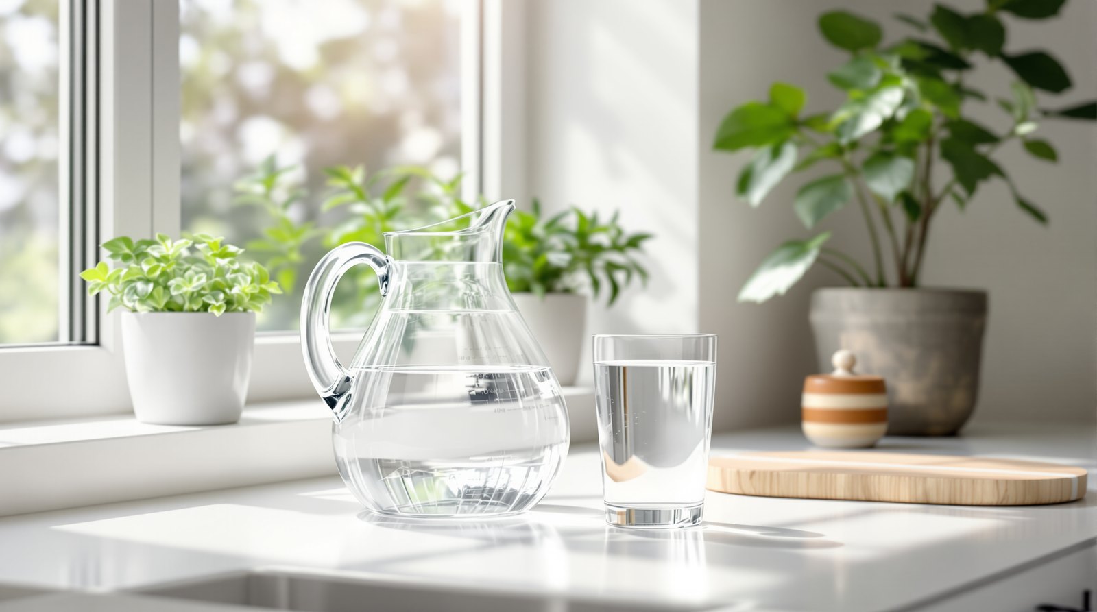 A clear glass pitcher of filtered water and a full glass of water on a bright white kitchen counter beside a sunny window with green plants