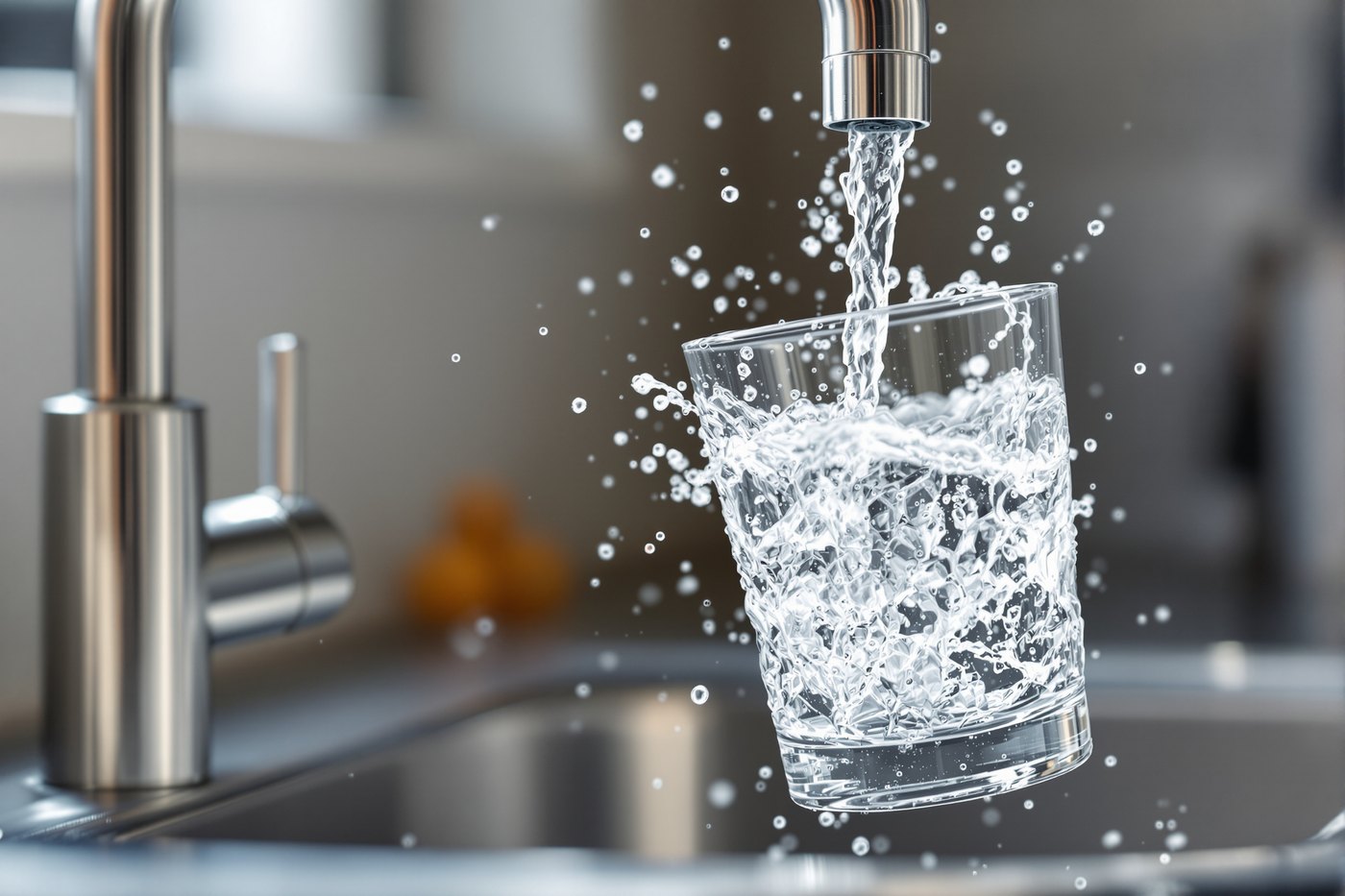 A clear drinking glass being filled with tap water from a stainless steel kitchen faucet in bright daylight