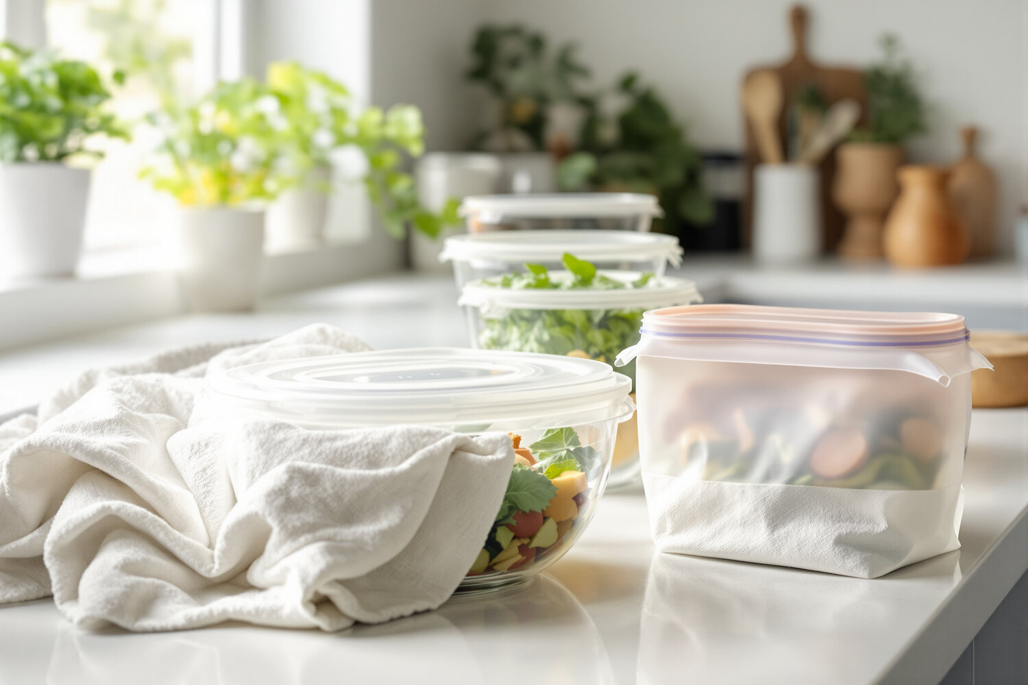Clear glass food storage containers with lids, a reusable cloth food wrap, and a stand-up silicone storage bag on a bright kitchen counter