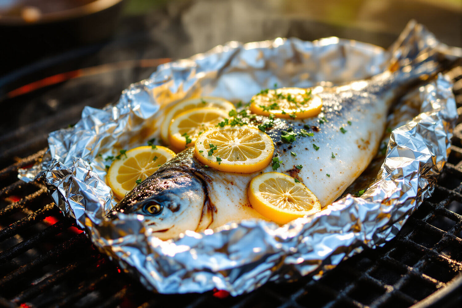 A whole fish with lemon slices and herbs cooking in an open aluminum foil tray on a hot grill over glowing coals