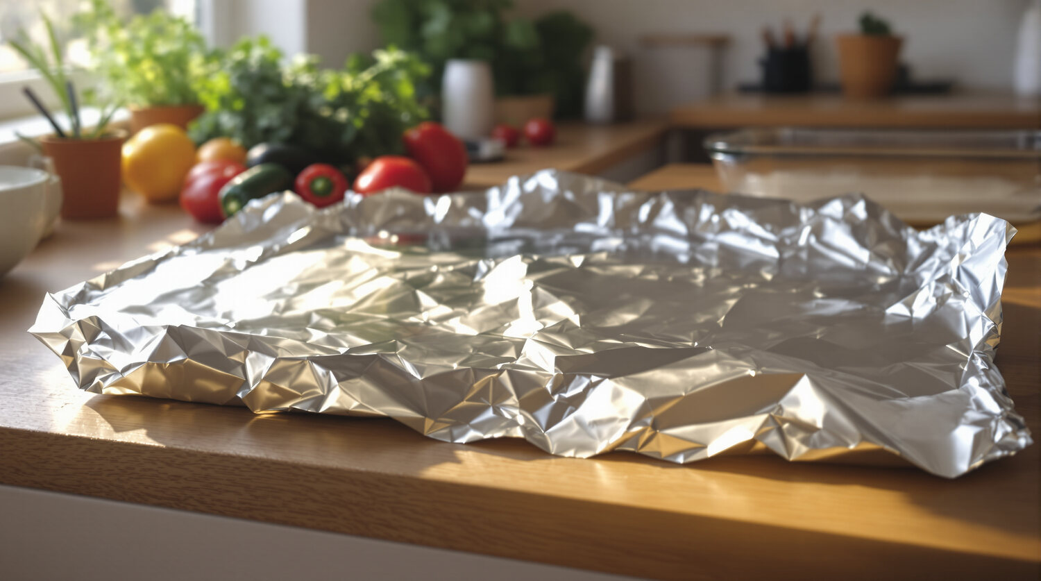 A large crumpled sheet of aluminum foil on a sunlit wooden kitchen counter with fresh tomatoes, a lemon, herbs and a clear glass baking dish in the background