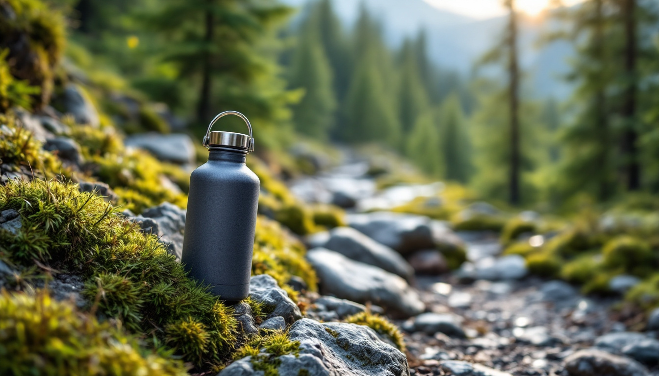 Powder-coated stainless steel insulated water bottle resting on mossy rocks beside a mountain trail with forest background