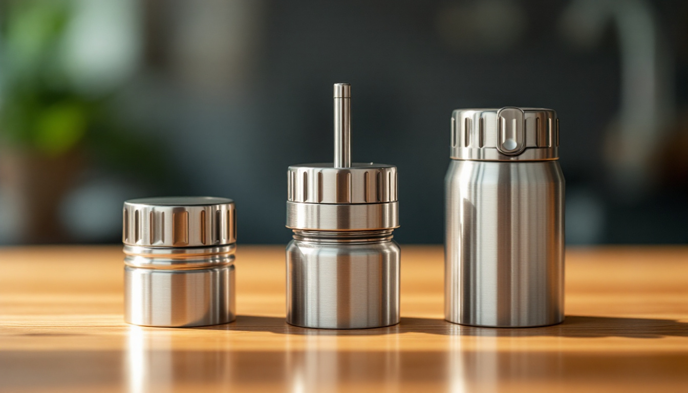 Three different water bottle cap styles arranged on a wood table showing simple screw cap, straw cap, and flip-top cap