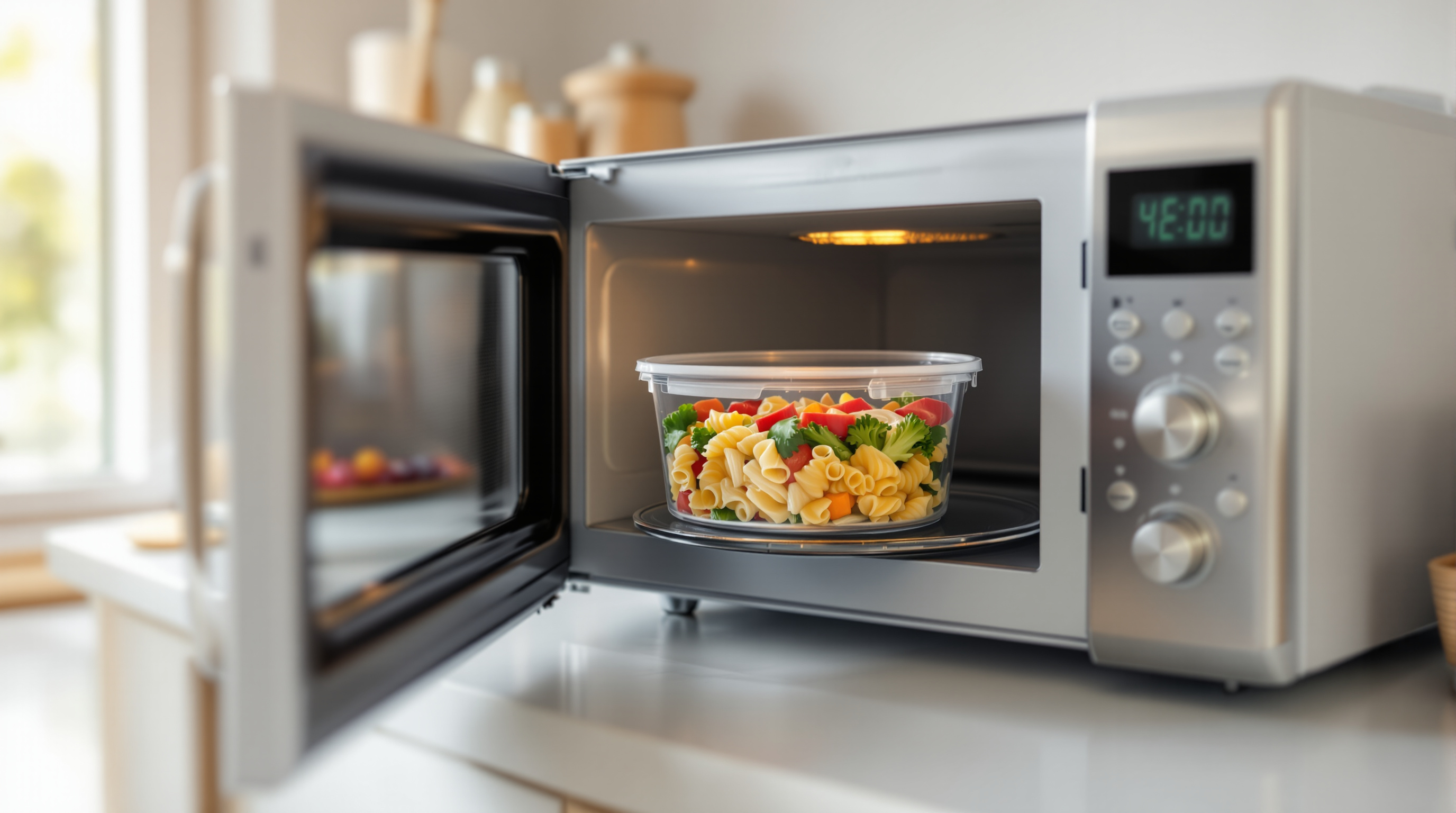 A clear plastic food container full of leftover pasta and vegetables sitting inside an open microwave on a bright kitchen counter