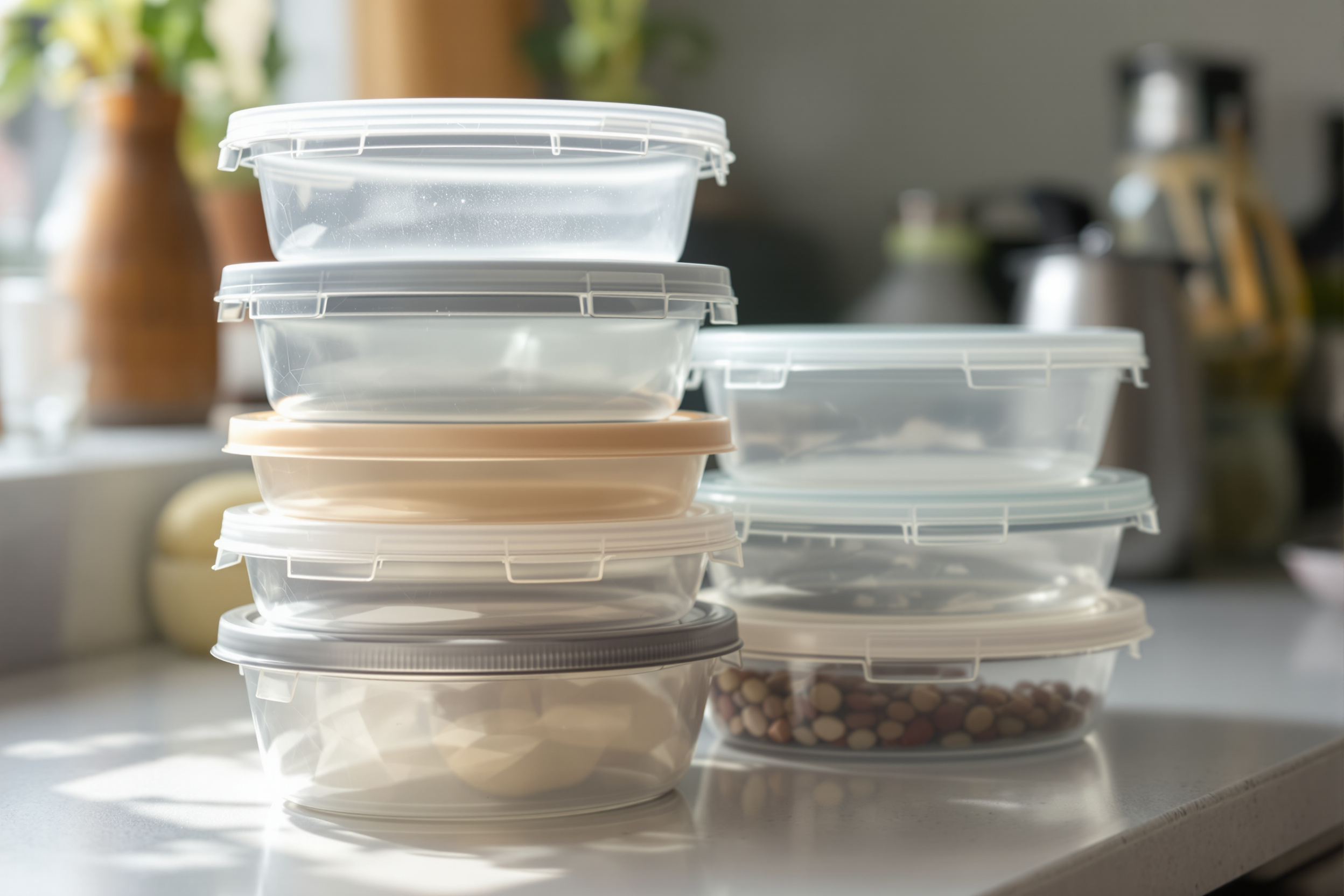 A stack of cloudy, slightly scratched clear plastic food storage containers with mismatched lids on a kitchen counter