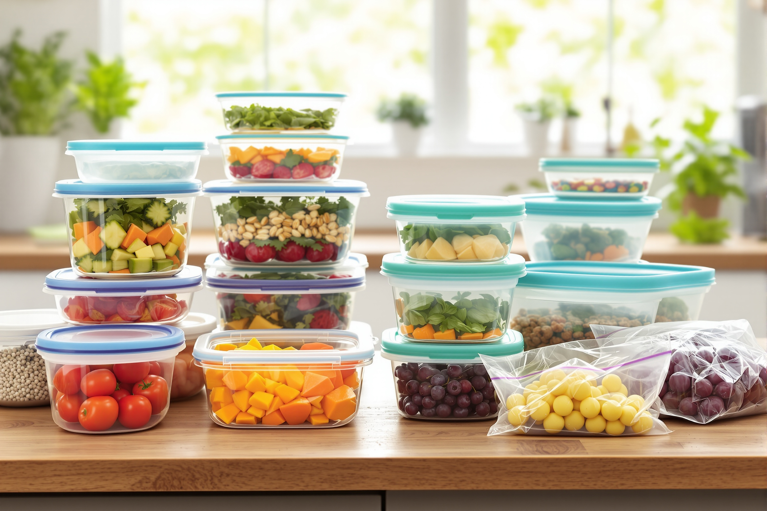 An assortment of glass meal-prep containers and reusable silicone storage bags filled with fresh colorful food on a wooden kitchen counter