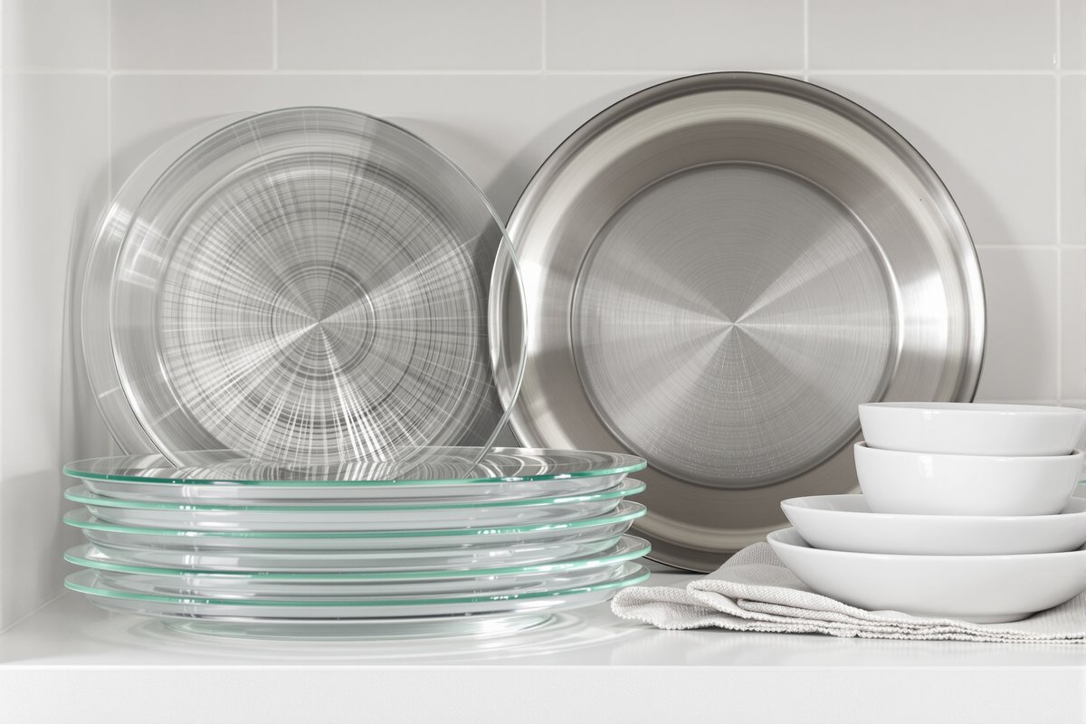 Clear tempered glass plates stacked beside a brushed stainless steel plate and plain white porcelain bowls on a bright kitchen shelf