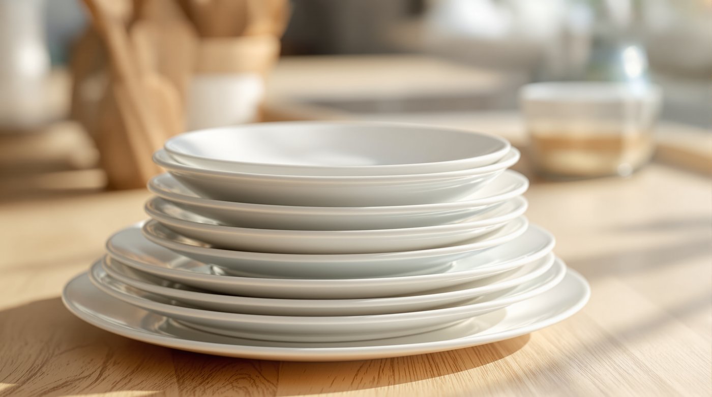 A stack of plain white ceramic and clear glass dinner plates and bowls on a sunlit wooden kitchen counter