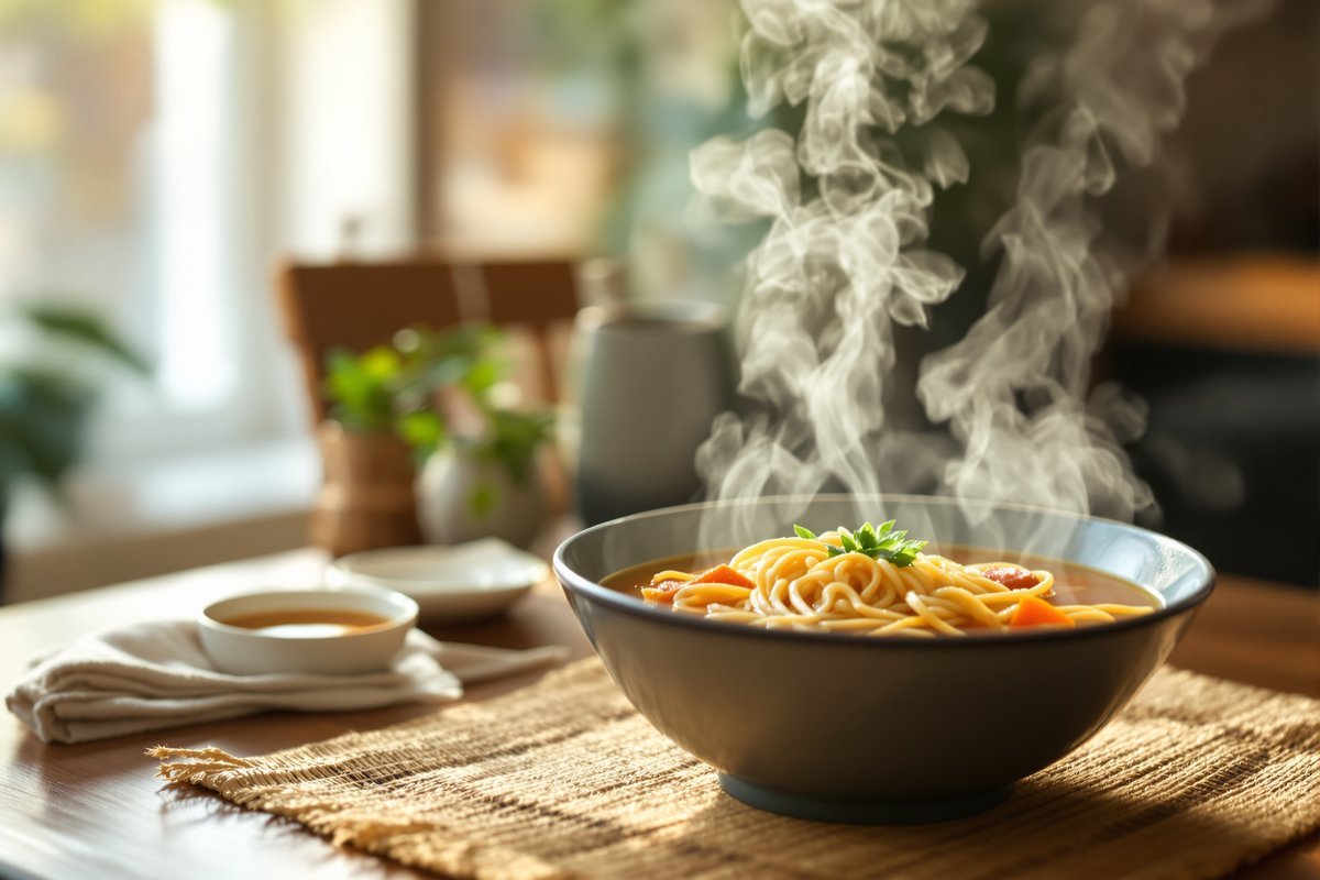 A steaming bowl of hot noodle soup on a dining table, with visible steam rising in warm natural light