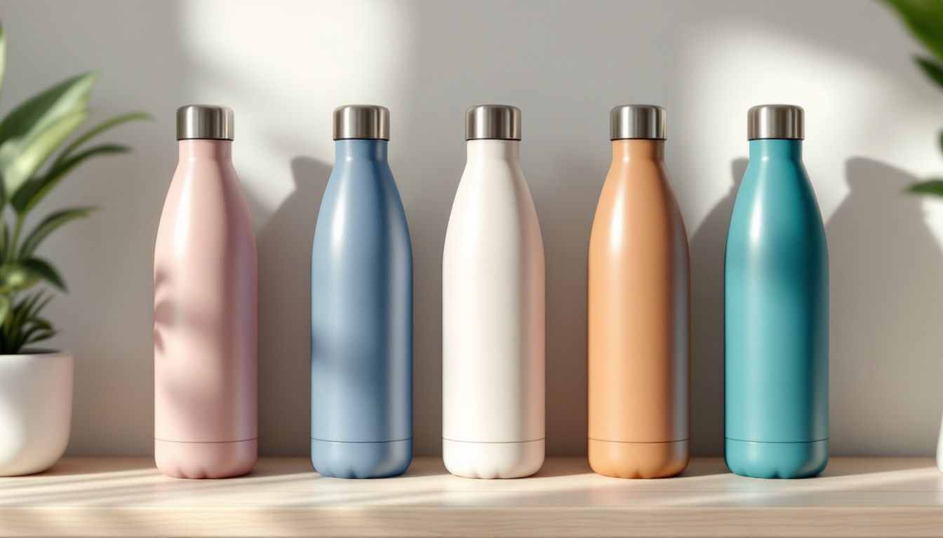 Multiple stainless steel insulated water bottles in different colors arranged on a wooden shelf showing alternatives to plastic-lid bottles