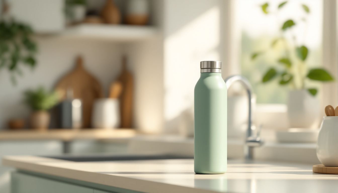 Sage green stainless steel insulated water bottle on a sunlit kitchen counter